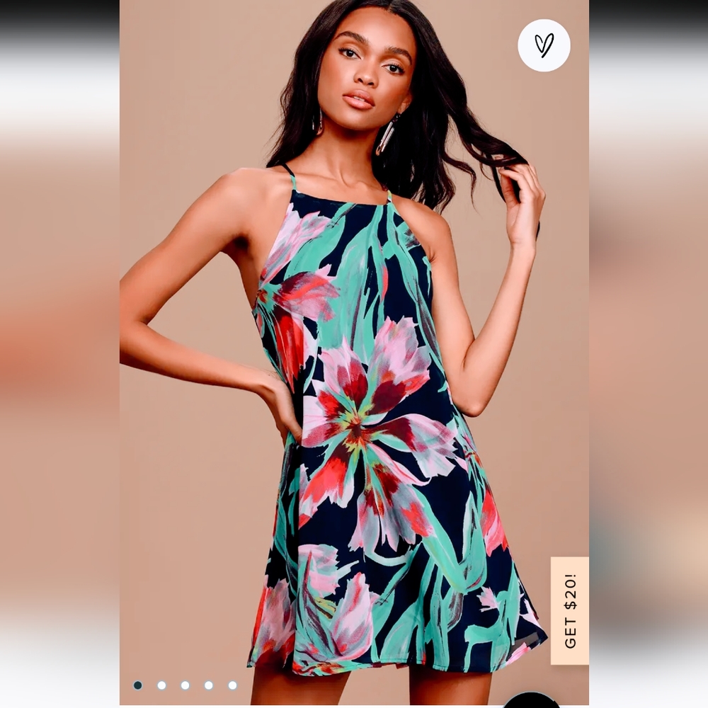 LuLu's Here and Luau Swing Dress Tropical Floral Print Spaghetti Strap Navy Med